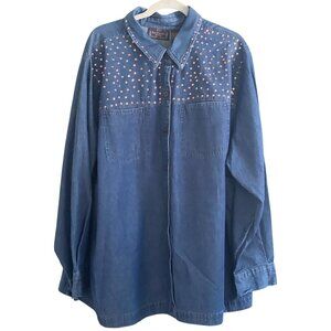 VTG New Direction Woman Denim Shirt Jacket LS Copper Sequin Double Breast 3X